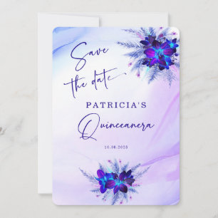 Convite Roxo Orquídea Azul Save the Date para Quince Anos