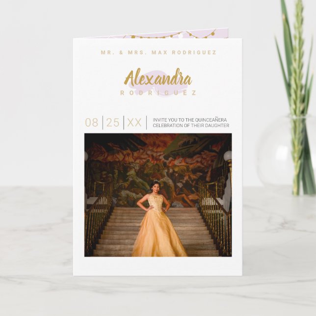 Convite Roxo Pálido e Dourado Foto Quinceanera (Frente)