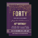 Convite Roxo | Partido Confetti aniversário de 40 anos<br><div class="desc">Roxo | Convites de festas de Confetti Dourados. Este convite de aniversário formal, elegante, moderno, de quadragésimo é adequado para homens ou mulheres. Inclui linhas limpas de ouro, guião gótica de na moda superior e texto sofisticado de folha de ouro falso em um fundo roxo real com chás de espumante,...</div>