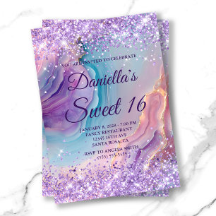 Convite Roxo Pastel Brilhante Azul Rosa Ágata Doce 16