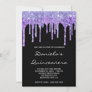 Convite Roxo Periwinkle Brilho Gotas Preto Quinceañera