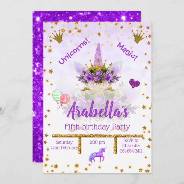 Convite Roxo Personalizado, Estrelas Douradas Unicorn Aniv (Frente/Verso)