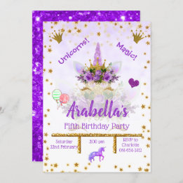Convite Roxo Personalizado, Estrelas Douradas Unicorn Aniv