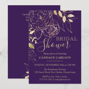 Convite Roxo Plum e Dourado Chá de panela Floral Moderno