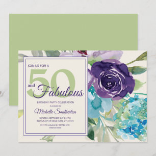 Convite Roxo Plumado Azul Floral Aquarela 50 e Fabuloso