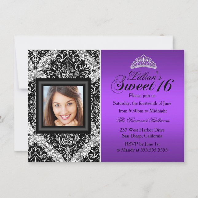 Convite Roxo Prata Brilho Damask Foto Doce 16 (Frente)