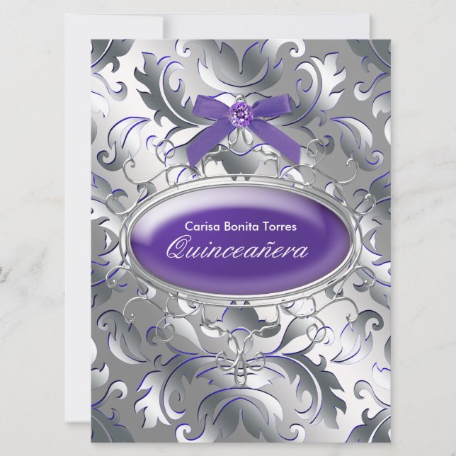 Convite Roxo Prata Damasco Elegante Roxo Quinceanera (Frente)