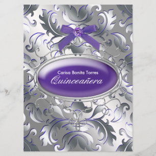 Convite Roxo Prata Damasco Elegante Roxo Quinceanera