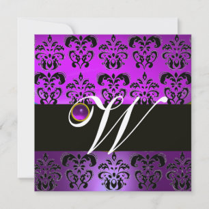 CONVITE ROXO PRETO DAMASCO MONOGRAMA AMETISTA METAL PRATA