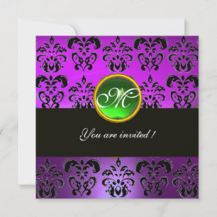 Convite ROXO PRETO  DAMASCO MONOGRAMA, esmeralda verde