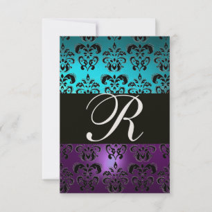Convite ROXO PRETO DAMASCO MONOGRAMA RSVP , azul turquesa