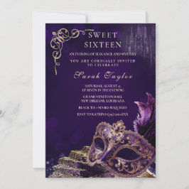 Convite Roxo Preto Doce 16 Máscara Elegante Veneziana