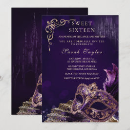Convite Roxo Preto Doce 16 Máscara Elegante Veneziana