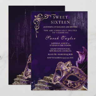 Convite Roxo Preto Doce 16 Máscara Elegante Veneziana
