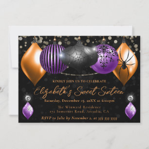 Convite Roxo, Preto, Laranja Bolas de Natal de Halloween S