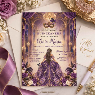 Convite Roxo Real Ameixa Floral Mascarada Quinceañera 16