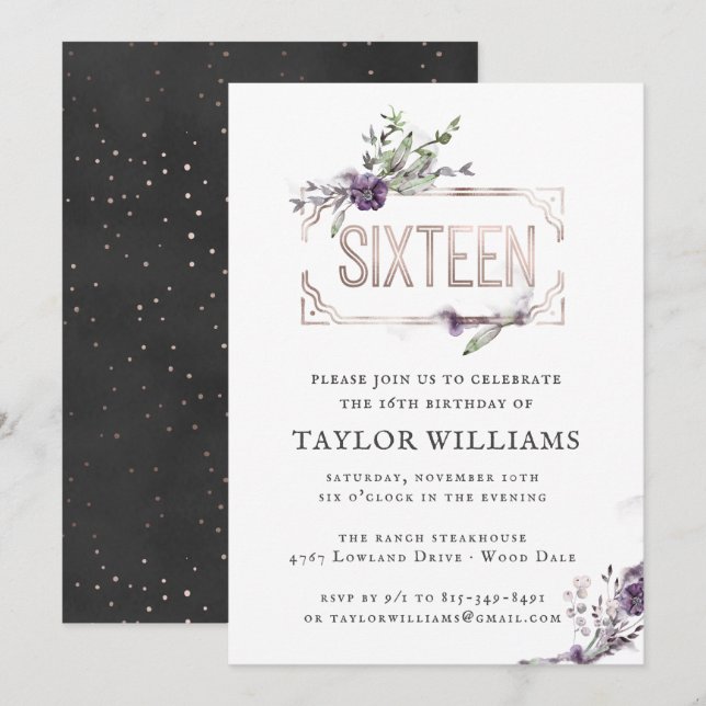 Convite Roxo Real | Aniversário do Quadro de Folha de Orna (Frente/Verso)