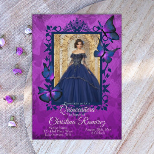 Convite Roxo Real Borboleta Azul Escuro Quinceanera 
