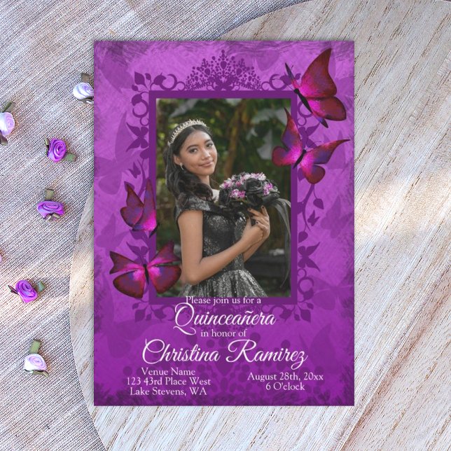 Convite Roxo Real, Borboleta Quinceanera Violeta (dark purple violet magenta quinceanera invitations, royal purple, maroon mis quince anos)