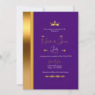 Convite Roxo Real Coroa Dourada Elegante Glam Casamento