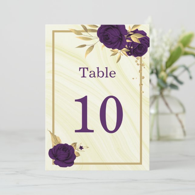 Convite roxo real dourado floral geométrico número da mesa (Em pé/Frente)