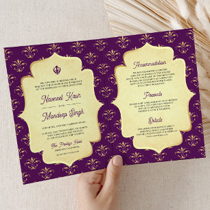 Convite Roxo Real Dourado Ornado Anand Karaj Casamento Sik