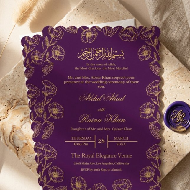 Convite Roxo Real e Floral Islâmico Muçulmano Nikkah (Criador carregado)