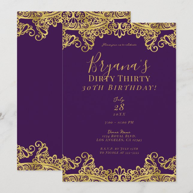Convite Roxo Real e Renda Dourada Aniversário de 30 anos s (Frente/Verso)