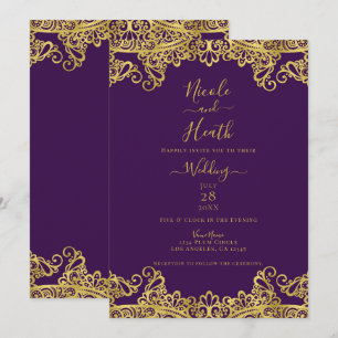 Convite Roxo Real e Renda Dourada Casamento Elegante