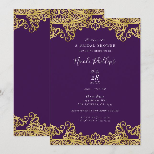 Convite Roxo Real e Renda Dourada Chá de Noiva Elegante (Frente/Verso)