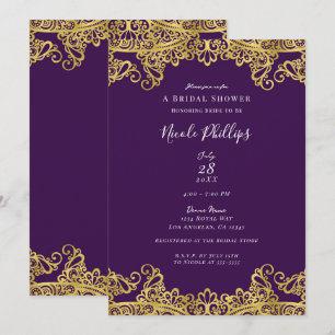 Convite Roxo Real e Renda Dourada Chá de Noiva Elegante