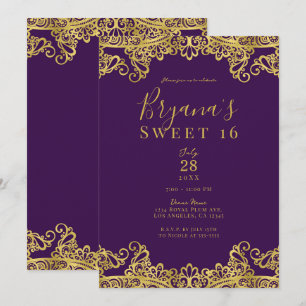 Convite Roxo Real e Renda Dourada Festa Elegante de Doze A