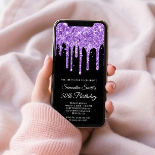 Convite Roxo Real Glitter Preto Aniversário de 50 anos