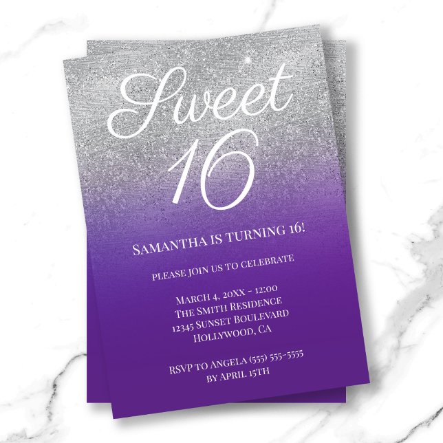 Convite Roxo Real Ombre Brilho Doce 16 (Royal Purple Silver Ombre Glitter Sweet 16 Invitation)