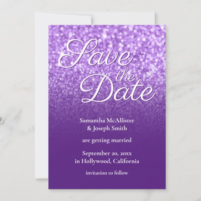 Convite Roxo Real Ombre Glitter Salve a Data (Frente)