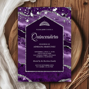 Convite Roxo Real Prata Ágata Arco Quinceanera