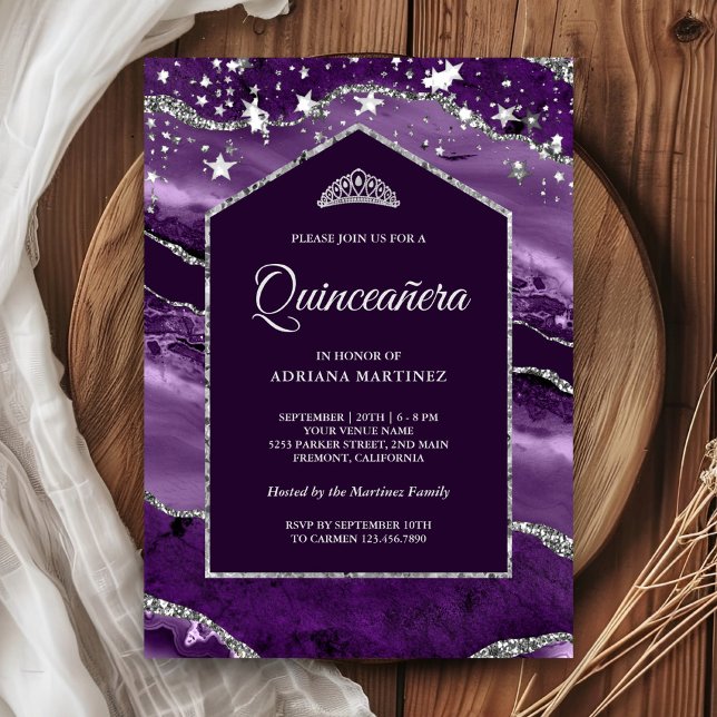 Convite Roxo Real Prata Ágata Arco Quinceanera (Criador carregado)