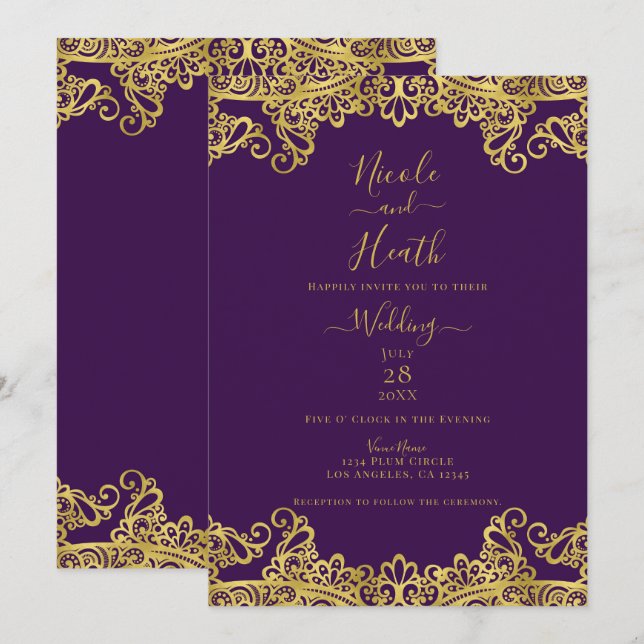 Convite Roxo Real & Renda Dourada Casamento Elegante    (Frente/Verso)