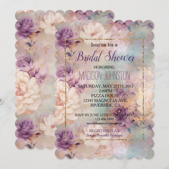 Convite Roxo Romântico Turquesa Bege Floral (Frente/Verso)