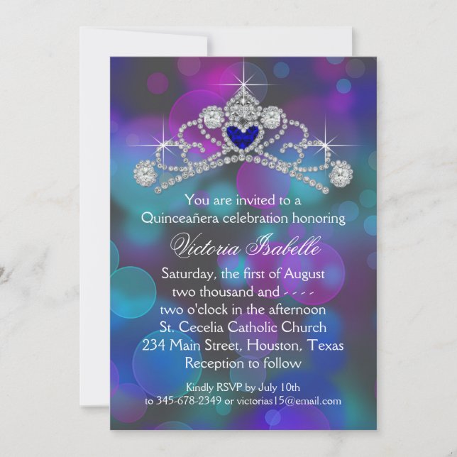 Convite Roxo Rosa Azul Turquesa Quinceanera (Frente)