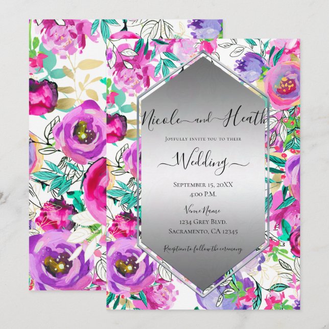 Convite Roxo Rosa Brilhante Floral Aquarela Casamento (Frente/Verso)