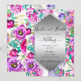 Convite Roxo Rosa Brilhante Floral Aquarela Casamento