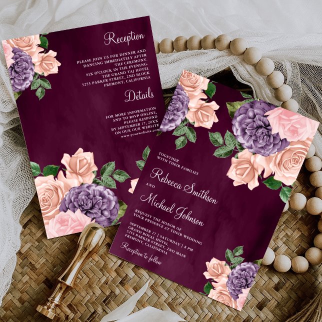 Convite Roxo Rosa Flores Roxas Vestido de Noiva Plúmio Com (Criador carregado)