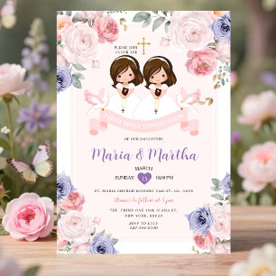 Convite Roxo & Rosa TWIN Menina 1ª Comunhão Floral