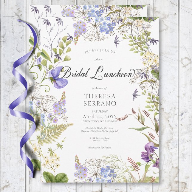 Convite Roxo Roxo Almoço Branca de Flor Selvagem Branca (Rustic Purple Sage Wildflower White Bridal Lunch Invitation)
