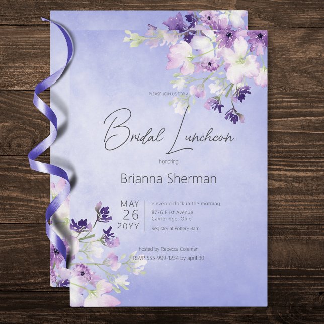 Convite Roxo Roxo Aquarela Bridal Floral (Rustic Purple Watercolor Floral Bridal Luncheon Invitation)