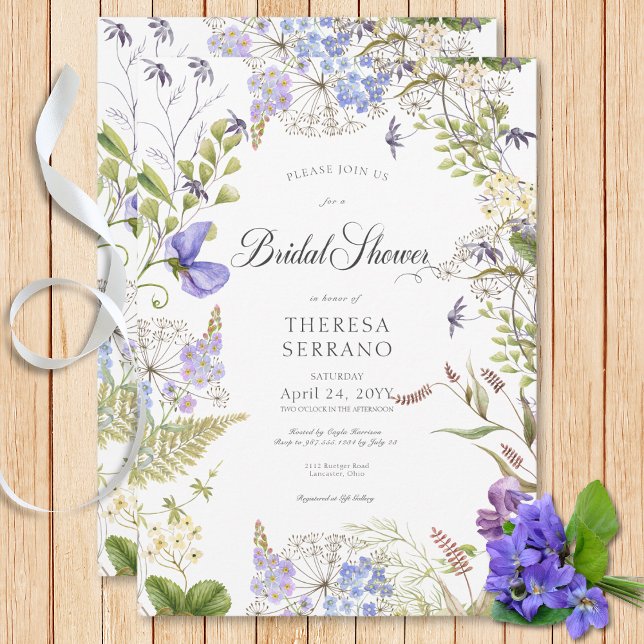 Convite Roxo Roxo Chá de panela Branco de flor selvagem (Rustic Purple Sage Wildflower White Bridal Shower Invitation)