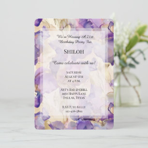 Convite Roxo Roxo Dourado Iris Floral Aniversário