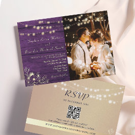 Convite Roxo Rustic Wood String Lights Casamento Código QR