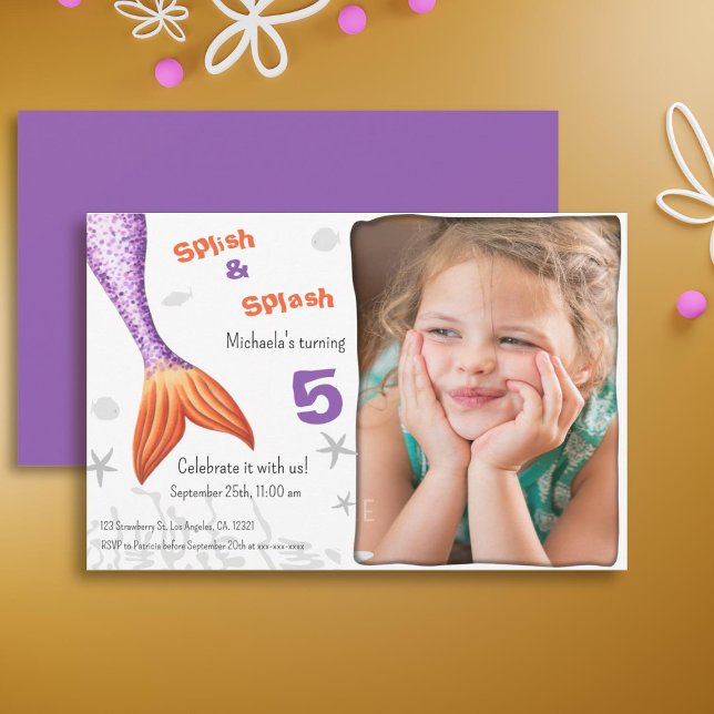 Convite Roxo Sapid Splash Summer Girl Aniversário (Purple Mermaid Tail Splash Summer Girl Birthday Invitation)